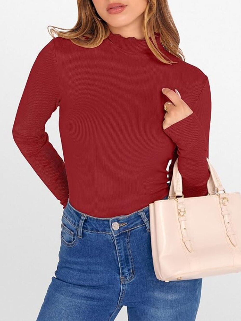 Red Lettuce Trim Mock Neck Long Sleeve Shirt